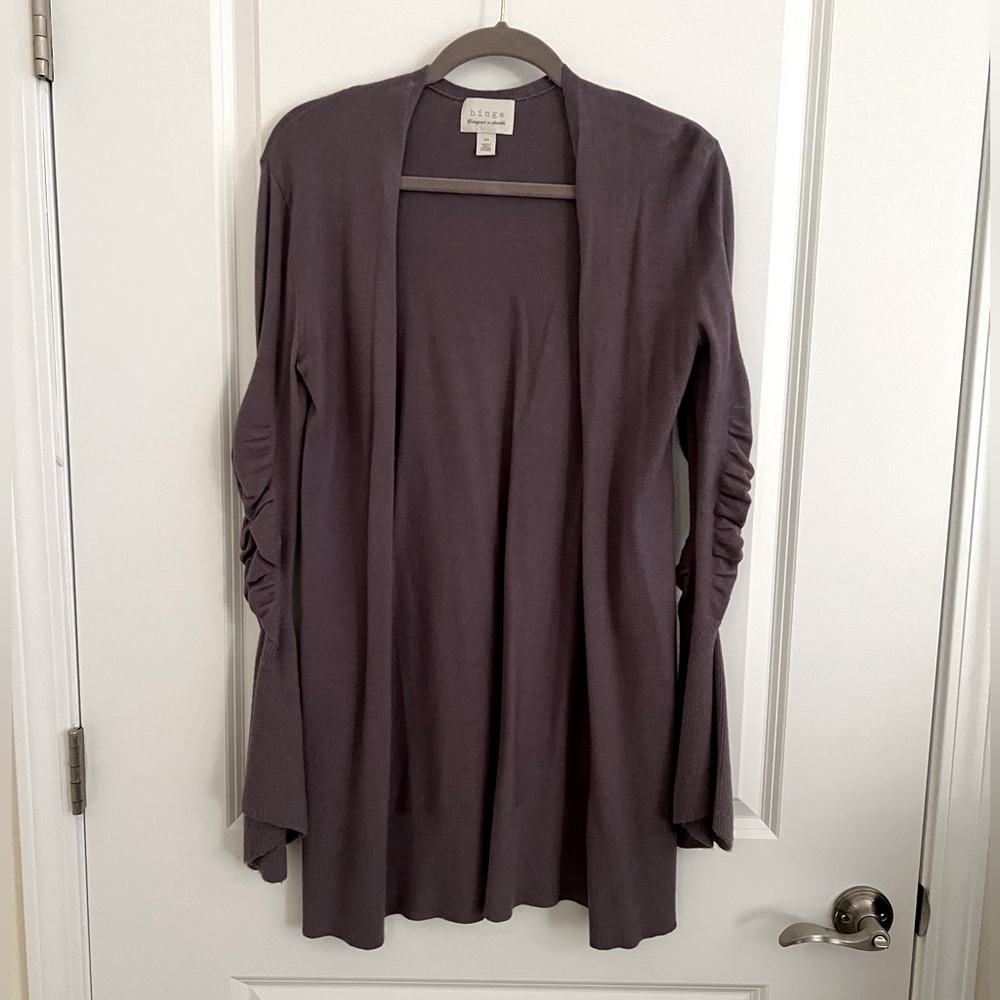 Cozy knit cardigan.  Long. Gray. Size XS. Scrunchy sleeves.  Long sleeve.